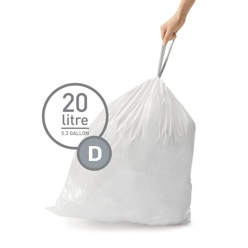 simplehuman Code D 60 Count, Dispenser Pack Custom Fit Liners, Drawstring Trash Bags, 20 Liter / 5.3 Gallon, White - Image 2